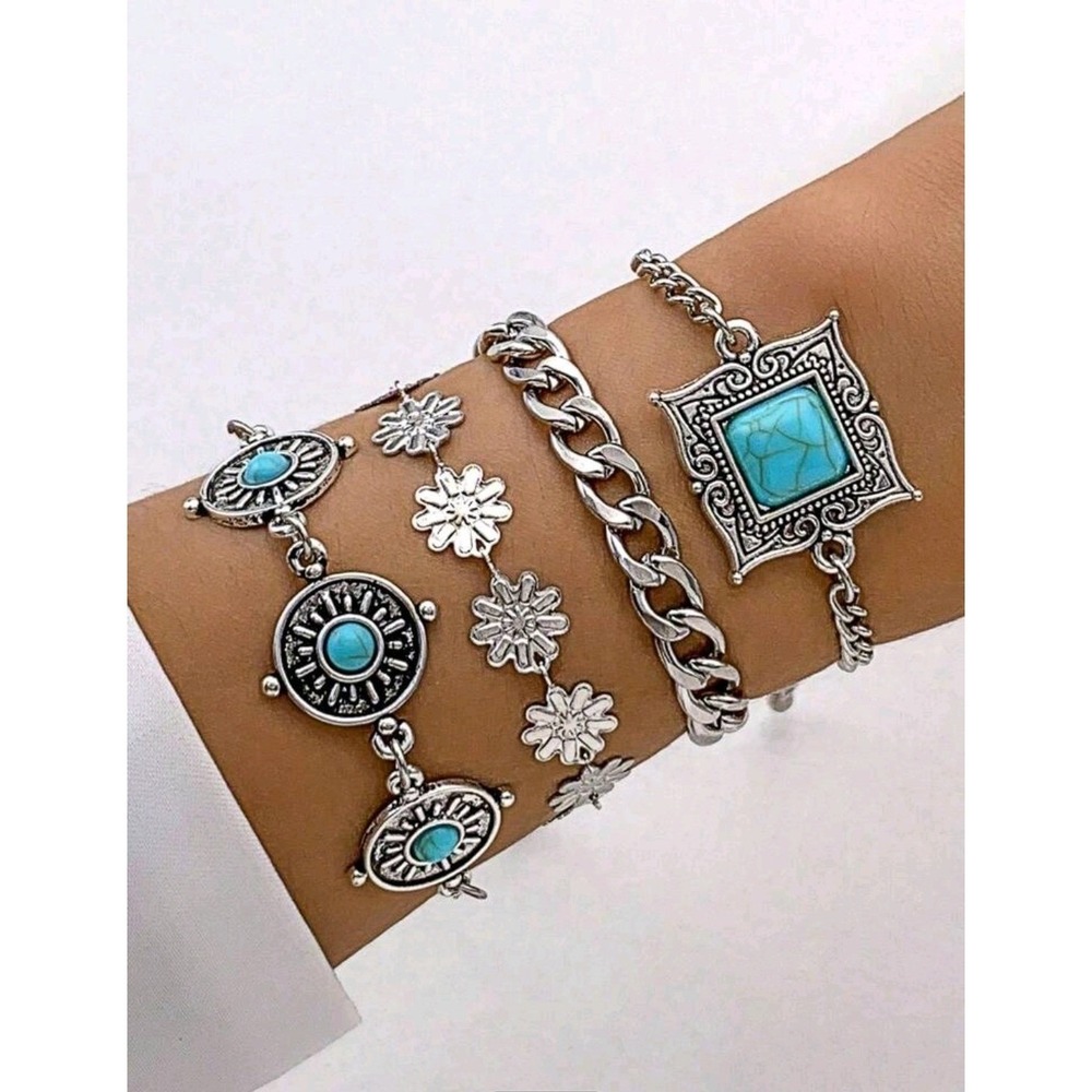 Vintagei Inspired Boho Turquoise Bracelet Set 4Piece Silver Chain & Charm Pack